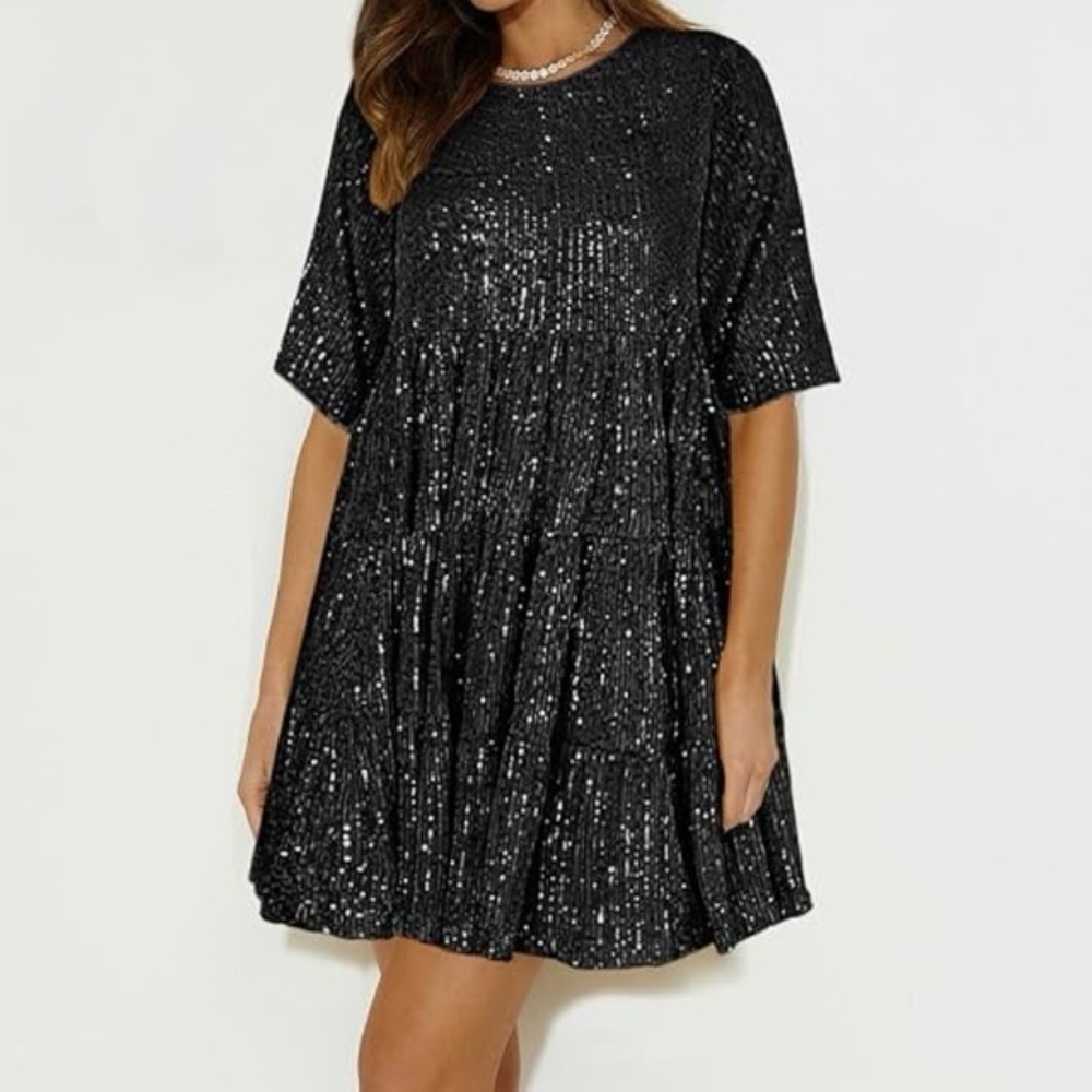 Black Sequin Short Sleeve Party Dress
